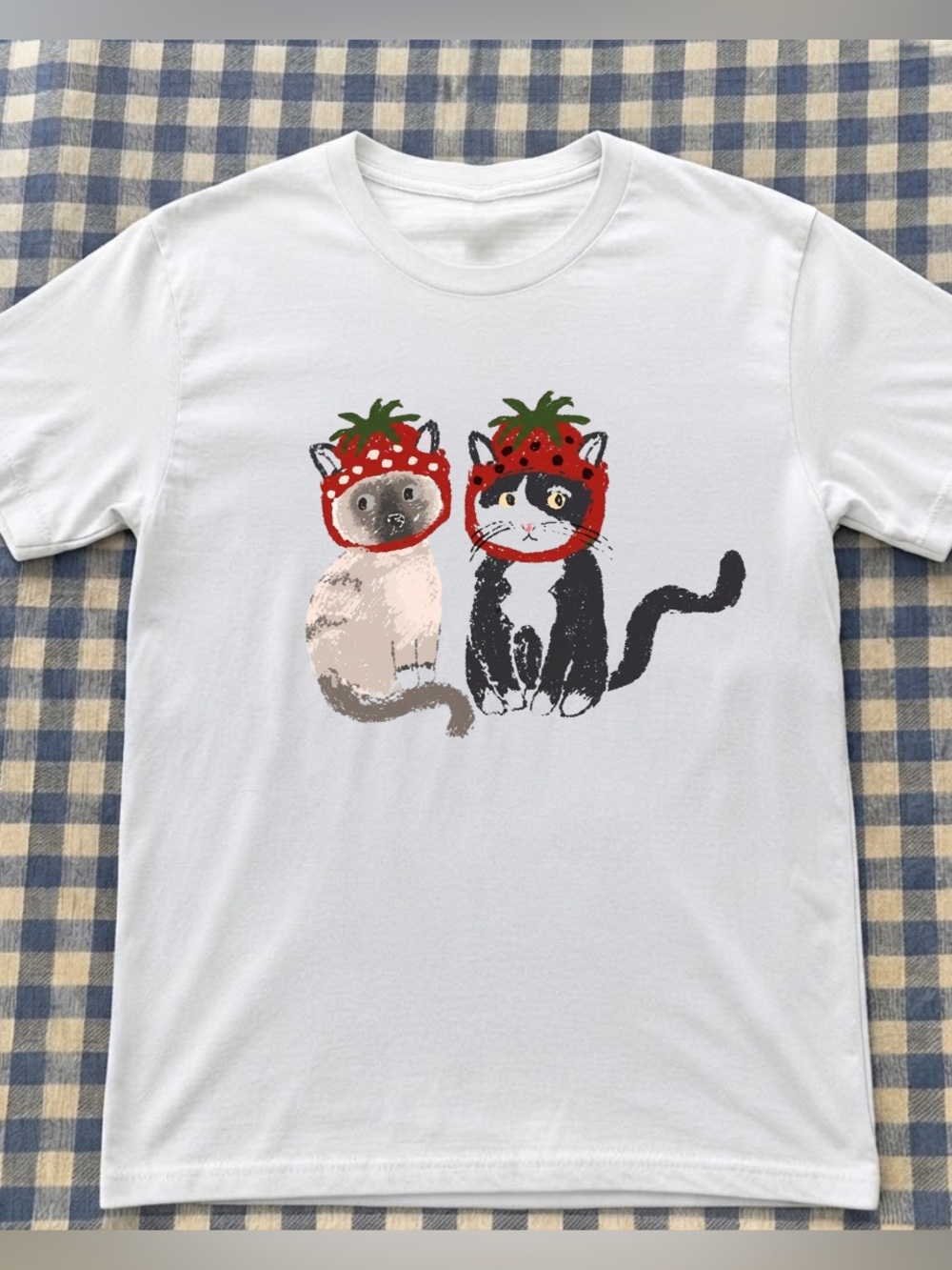 Gildan White Tee with Red & Green Cute Strawberry Cat Graphic